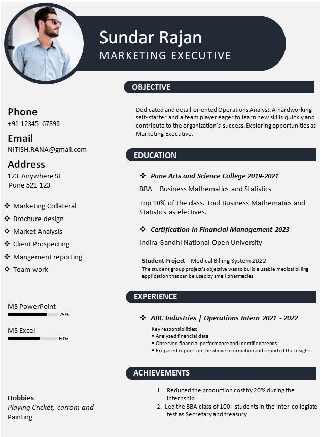 BBA Fresher resume for marketing jobs